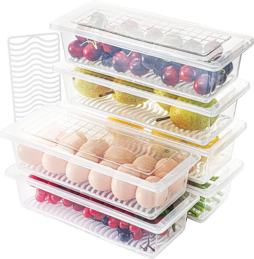 Set van 6 Produce Saver Containers 1.5L Koelkast Voedselopslagcontainers met Deksels Vlees Vis Vers en Droog