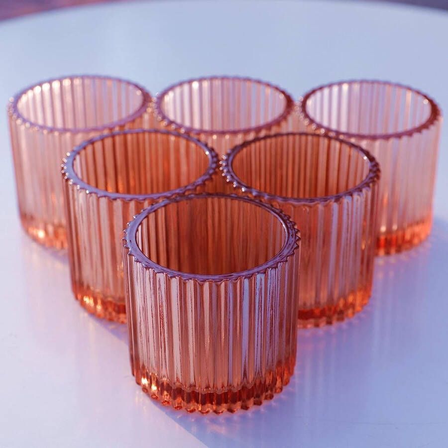 Set van 6 roze theelichthouders vintage theelichten kaarsenhouders groothandelsverpakking voor bruiloftsfeest thuisdecoratie glazen kaarsenhouder voor tafeldecoratie (roze 7cm*6.5cm)