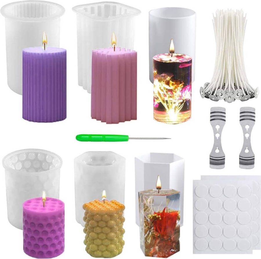 Set van 6 siliconen kaarsvormen 3D DIY siliconen vorm kaarsen gieten vormen en kaarslonten set cilindervormige kaarsvormen om te gieten als huisdecoratie knutselornamenten doe-het-zelf geurkaarsen