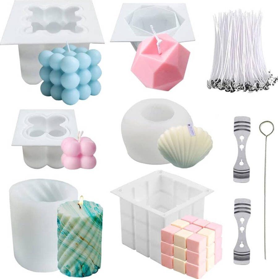 Set van 6 stuks kaarsvormen bubbelkaarsen 3D DIY siliconen vorm kaarsgietvormen en kaarslont siliconen kaarsvormen om te gieten als huisdecoratie knutselornamenten doe-het-zelf geurkaars zeep
