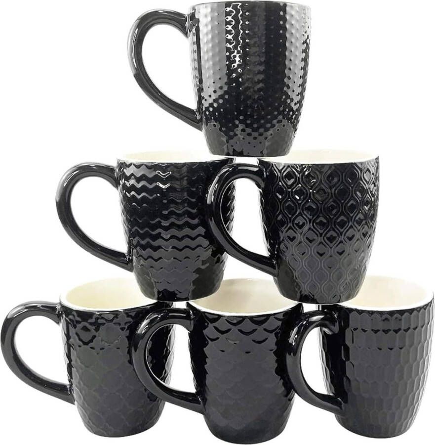 Set van 6 stuks moderne porseleinen koffiekopjes met reliëfpatroon voor warme dranken zwart 380 ml koffiekopjes set van 6