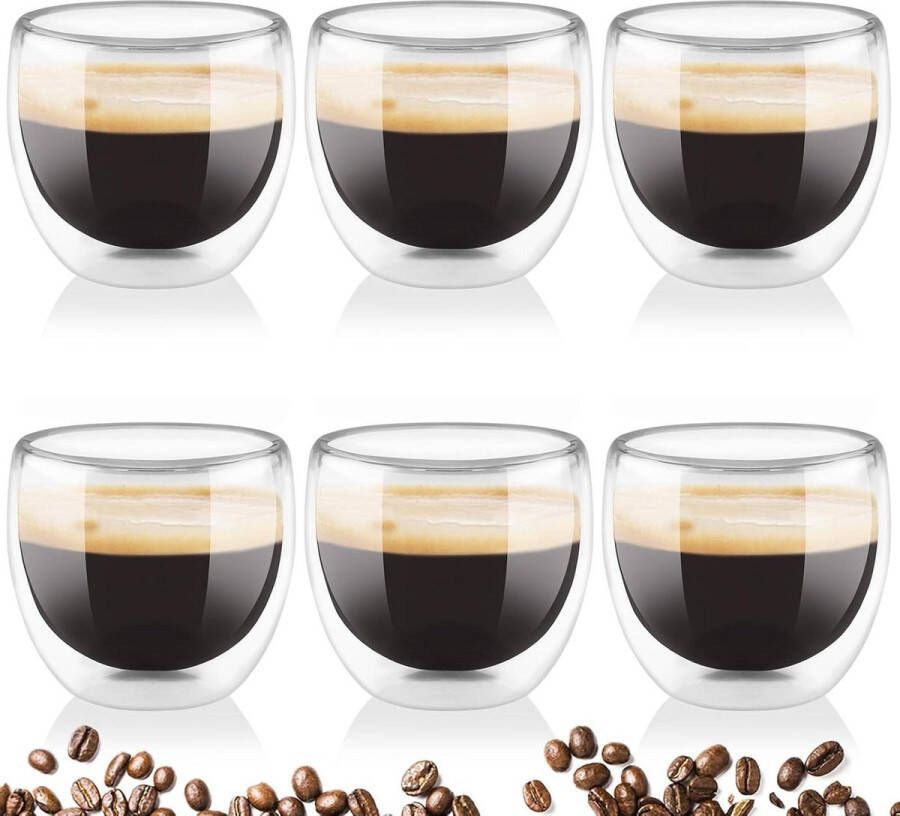 Set van 6 Transparante Dubbelwandige Glazen Koffie Latte Macchiato Kopjes Perfect voor Espresso Cappuccino Sap Thee Bier (80 ml) dubbelwandige theeglazen