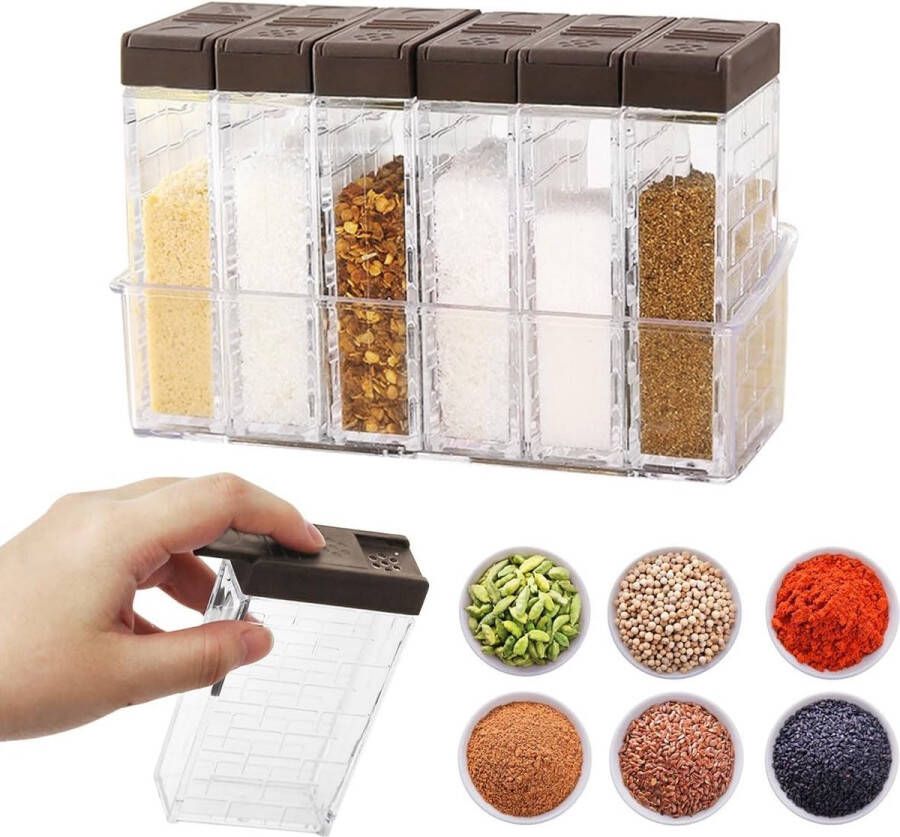 Set van 6 transparante kruidenpotjes met dienblad kunststof kruidenbox campingkruidenset keuken kruidenpotjes voor het opbergen van keuken specerijen