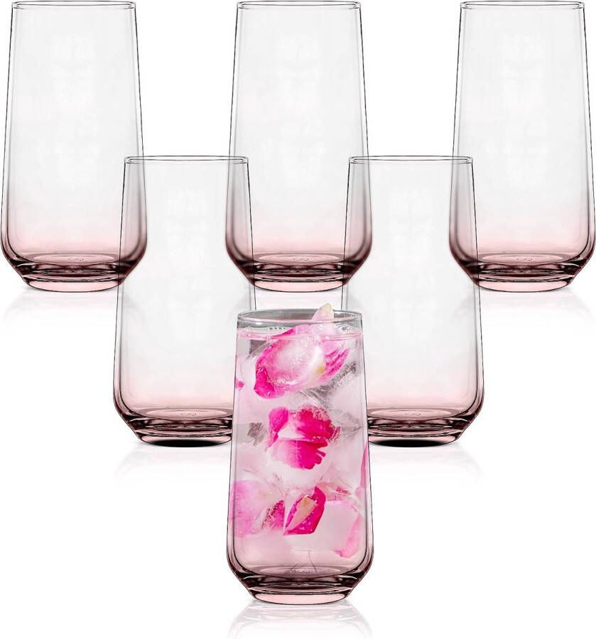 Set van 6 waterglazen voor cokctails en mocktail drinkglazen highballglazen (roze 470 ml)