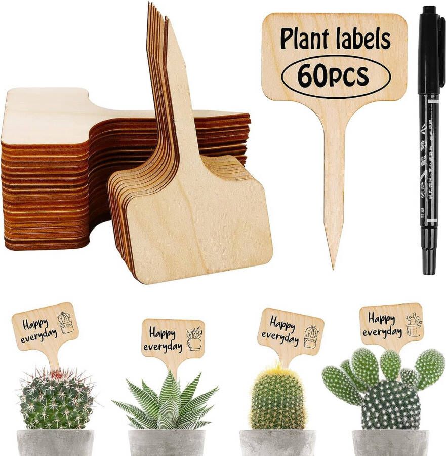 Set van 60 plantenetiketten bamboe plantenborden T-vormige plantenmarkeringen met een markeerstift tuinplantetiketten kruidenborden 6x10 cm