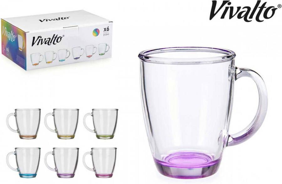 Vivalto Set van 6x stuks koffie theeglazen met oor 310 ml en vrolijk gekleurde bodem Transparant stevig kwaliteitsglas