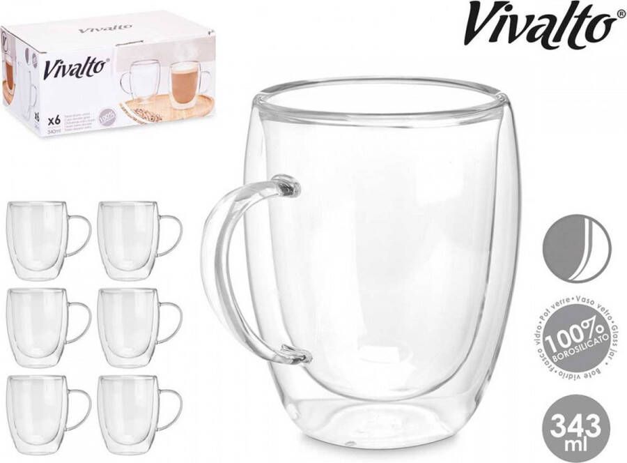 Set van 6x stuks koffie theeglazen met oor 340 ml en dubbel wandig Transparant stevig