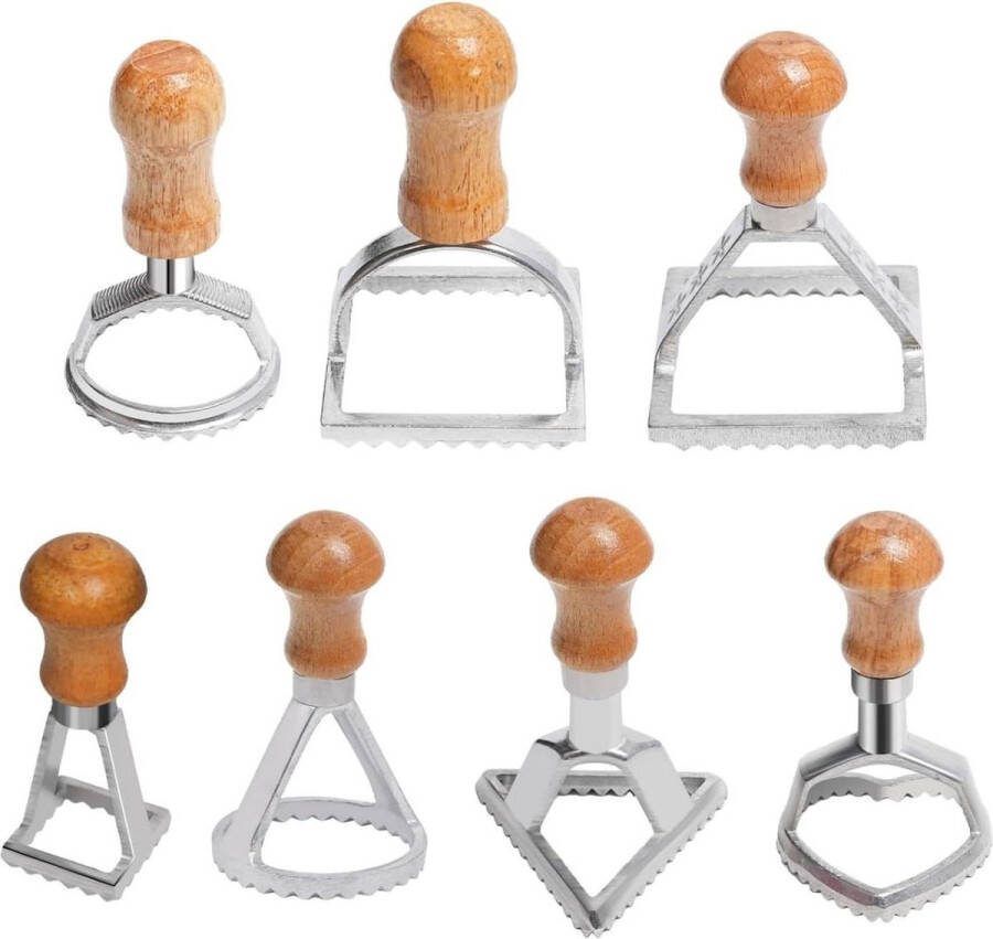 Set van 7 uitsteekvormpjes met houten handvat en pizzaverdeler voor ravioli hart maker en raviolisnijder pasta knoedelgereedschap pasta roller