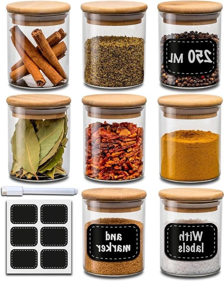 Set van 8-250ml kruidenpotjes met etiketten en pen Luchtdicht en vaatwasmachinebestendig Voor specerijen en kruiden Kruidenpotjes