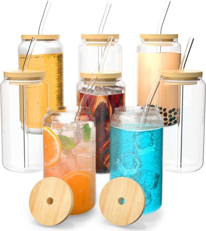 Set van 8 drinkbekers met deksel en rietje van glas set van 8 cocktailglazen 16 oz 450 ml ijskoffieglazen longdrinkglas met 2 schoonmaakborstels voor bubble tea whiskey cocktail bier