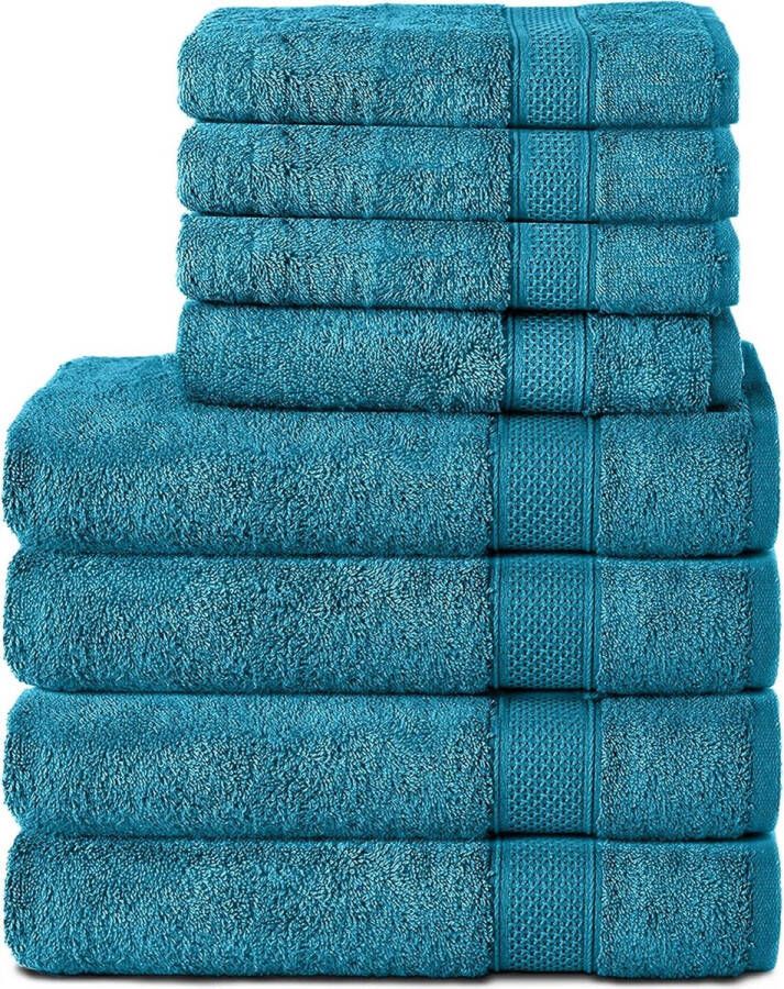 Set van 8 handdoeken 100% katoen 470 g m² 4 badhanddoeken 70 x 140 cm en 4 handdoeken 50 x 100 cm zachte badstof groot formaat turquoise