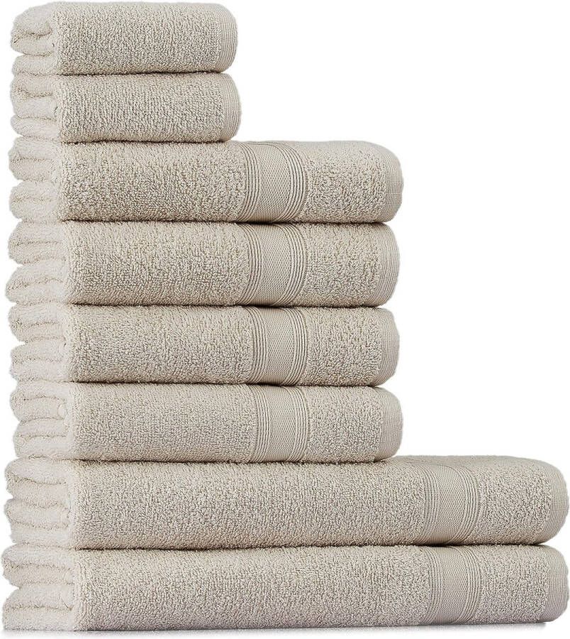 Set van 8 handdoeken 2 badhanddoeken 4 handdoeken 2 gastendoekjes zacht en absorberend 100% katoen zeer absorberend voelt zacht aan zandbeige