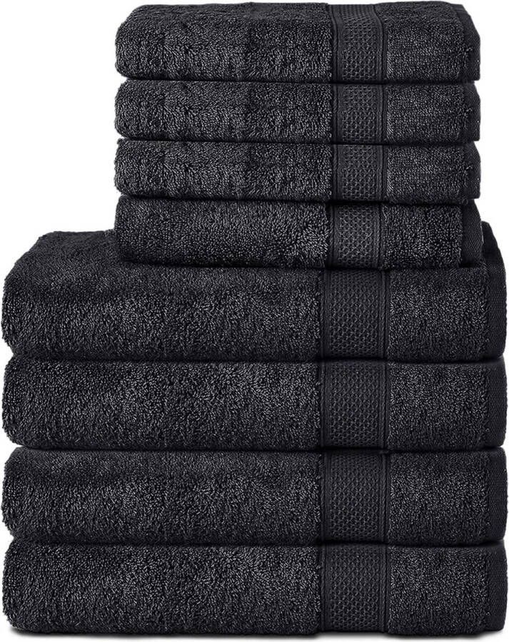 Set van 8 handdoeken van 100% katoen 4 badhanddoeken 70x140 en 4 handdoeken 50x100 cm badstof zacht handdoek groot zwart