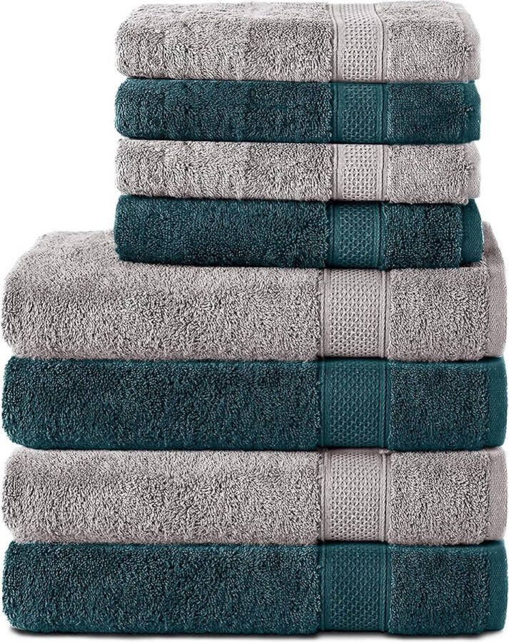 Set van 8 handdoeken van 100% katoen 4 badhanddoeken 70x140 en 4 handdoeken 50x100 cm badstof zacht groot zilver petrol