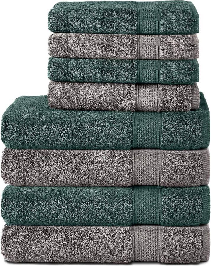 Set van 8 handdoeken van 100% katoen 4 badhanddoeken 70x140 en 4 handdoeken 50x100 cm badstof zacht groot antraciet grijs donkergroen