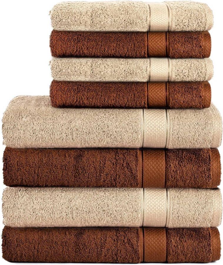 Set van 8 handdoeken van 100% katoen 4 badhanddoeken 70x140 en 4 handdoeken 50x100 cm badstof zacht groot bruin beige
