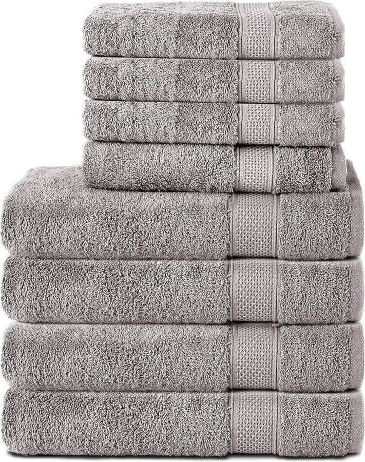 Set van 8 handdoeken van 100% katoen 4 badhanddoeken 70x140 en 4 handdoeken 50x100 cm badstof zacht groot zilver