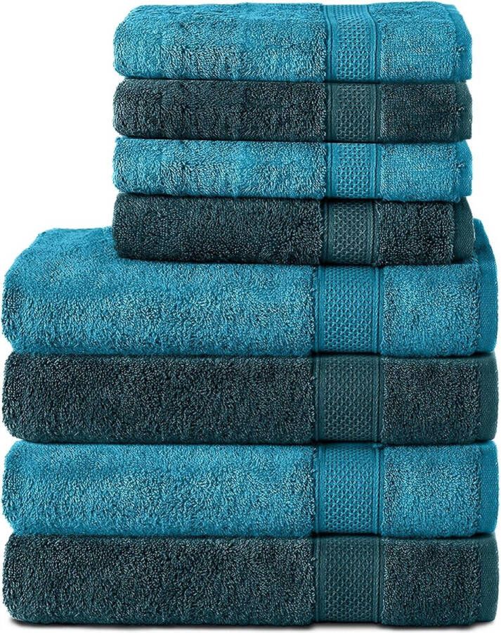 Set van 8 handdoeken van 100% katoen 4 badhanddoeken 70x140 en 4 handdoeken van 50x100 cm badstof zacht groot turquoise petrol