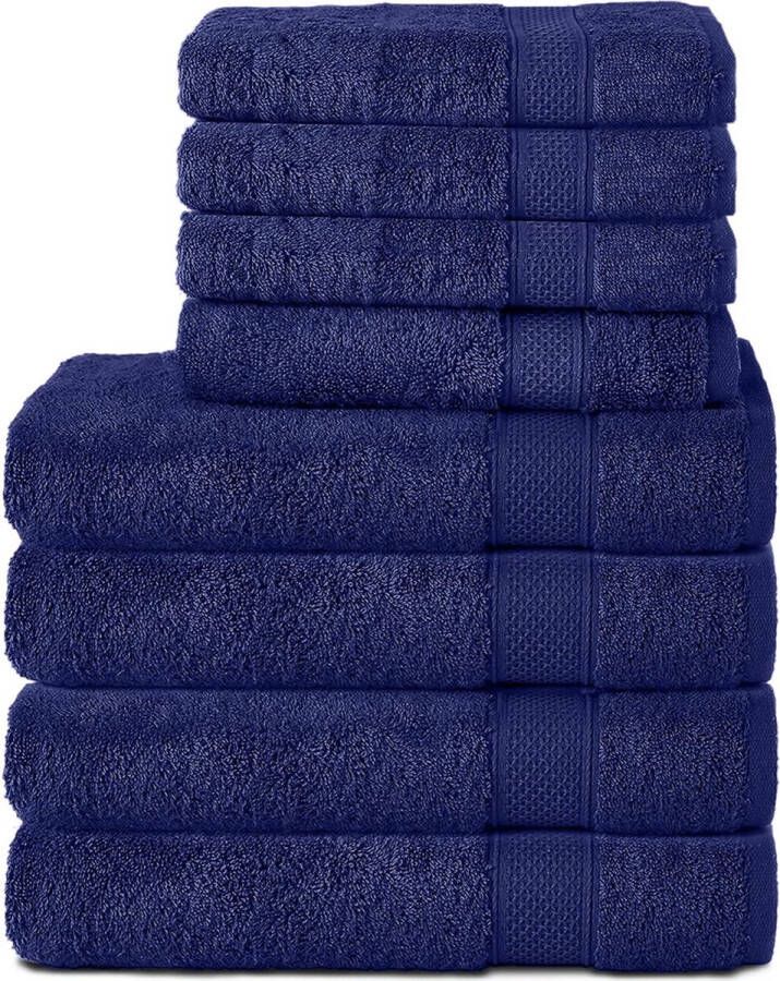 Set van 8 handdoeken van 100% katoen 4 badhanddoeken van 70 x 140 cm en 4 handdoeken 50 x 100 cm zachte spons groot formaat marineblauw