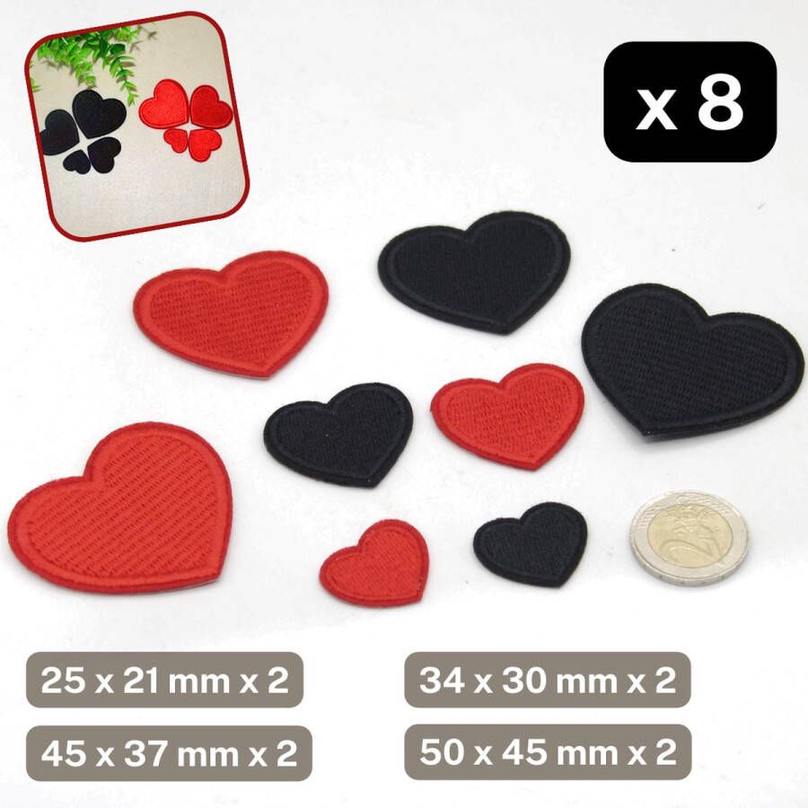 Set van 8 HARTJES PATCHES ETIKETTEN om op te STRIJKEN 4 Maten 1 ROOD en 1 ZWART per Maat HOTFIX