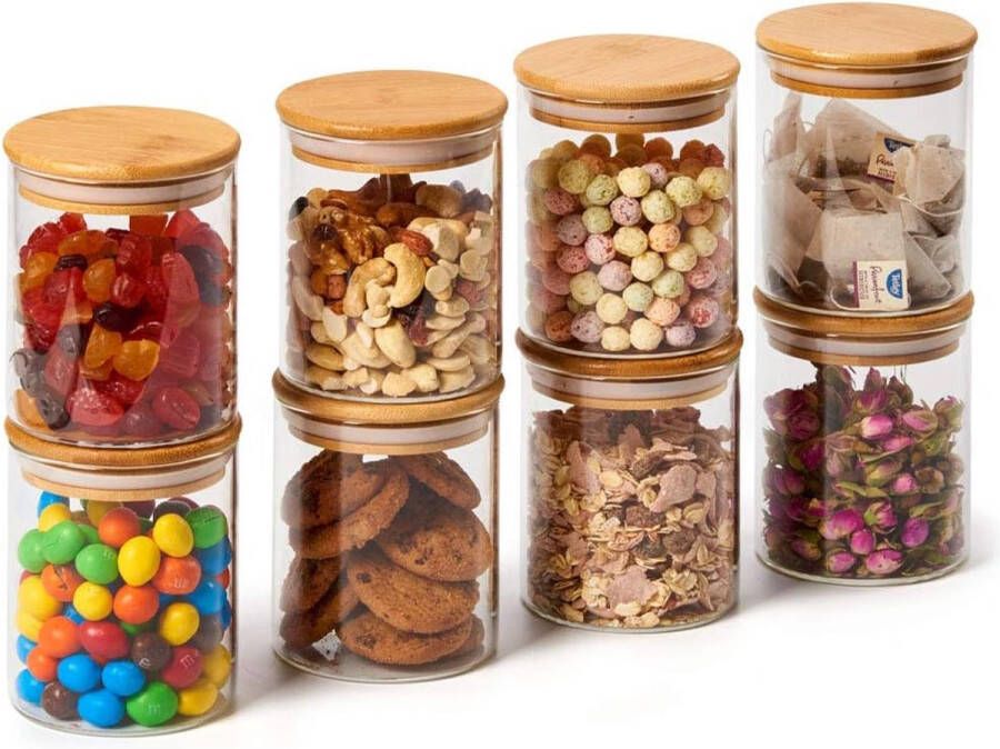 Set van 8 hoge borosilicaatglazen potten met luchtdichte natuurlijke bamboe deksels 450 ml heldere decoratieve voedseljerrycan opslag container set voor thuis keuken bijkeuken