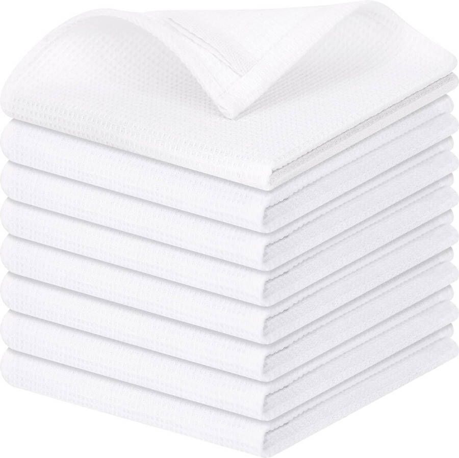 Set van 8 katoenen theedoeken superabsorberende schoonmaakdoekjes met wafelpatroon sneldrogende keukenhanddoeken premium vaatdoeken met hanger 30 x 30 cm wit