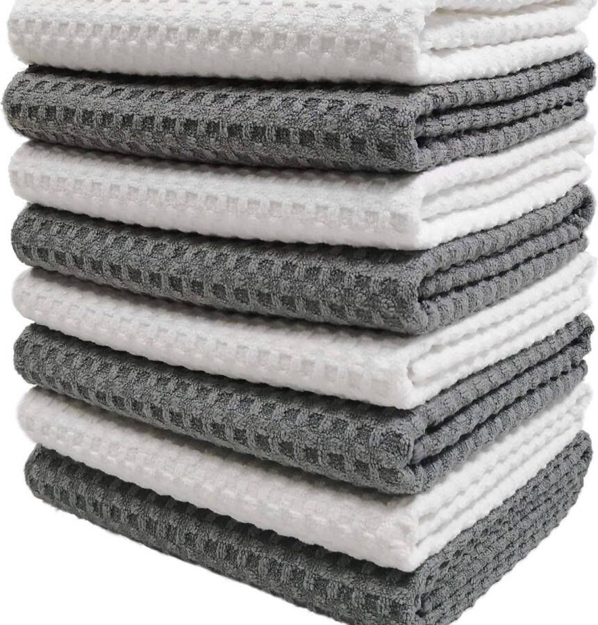 Set van 8 keukendoeken van premium kwaliteit microvezel met wafelpatroon (40 x 71 cm grijs wit)