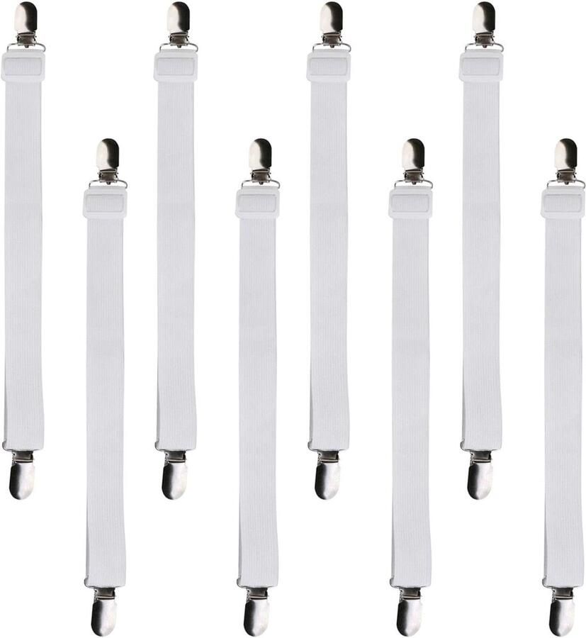 Set van 8 lakenriemen verstelbaar (30-120 cm) elastische lakenspanners voor lakens lakenspanners met metalen clips voor laken strijkplank matras of bank