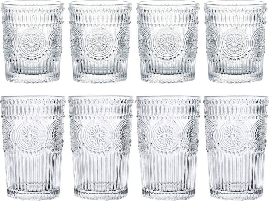 Set van 8 romantische drinkglazen 4 longdrinkglazen (350 ml) en 4 rotsglazen (250 ml) premium glazen bekers glaswerkset voor water drankjes bier cocktails