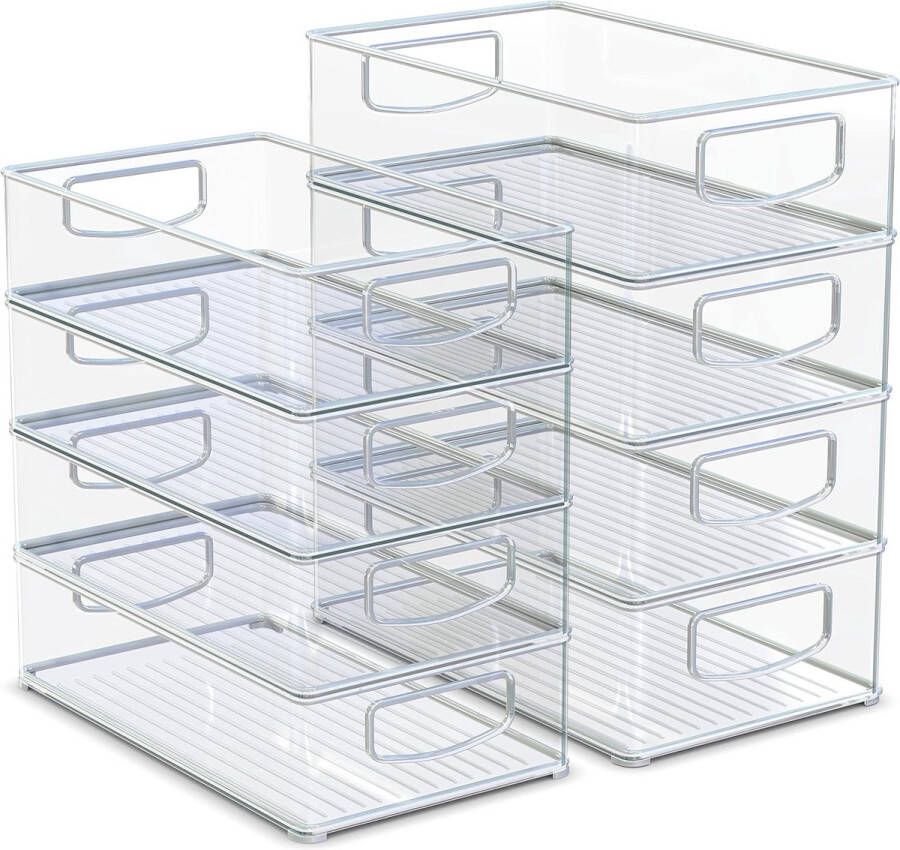 Set van 8 stapelbare koelkast opbergdozen transparante koelkast opbergdozen met handgrepen opbergdozen voor koelkast kast voorraadkast snacks blikjes keuken