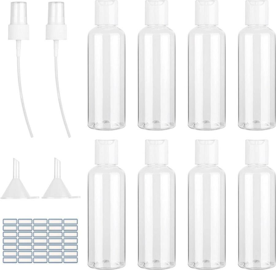 Set van 8 stuks reisflessen 100 ml transparante lege kunststof cosmetica container met sproeikoppen en trechter voor vlucht cosmetica douchegel reizen reisflesjes handbagage