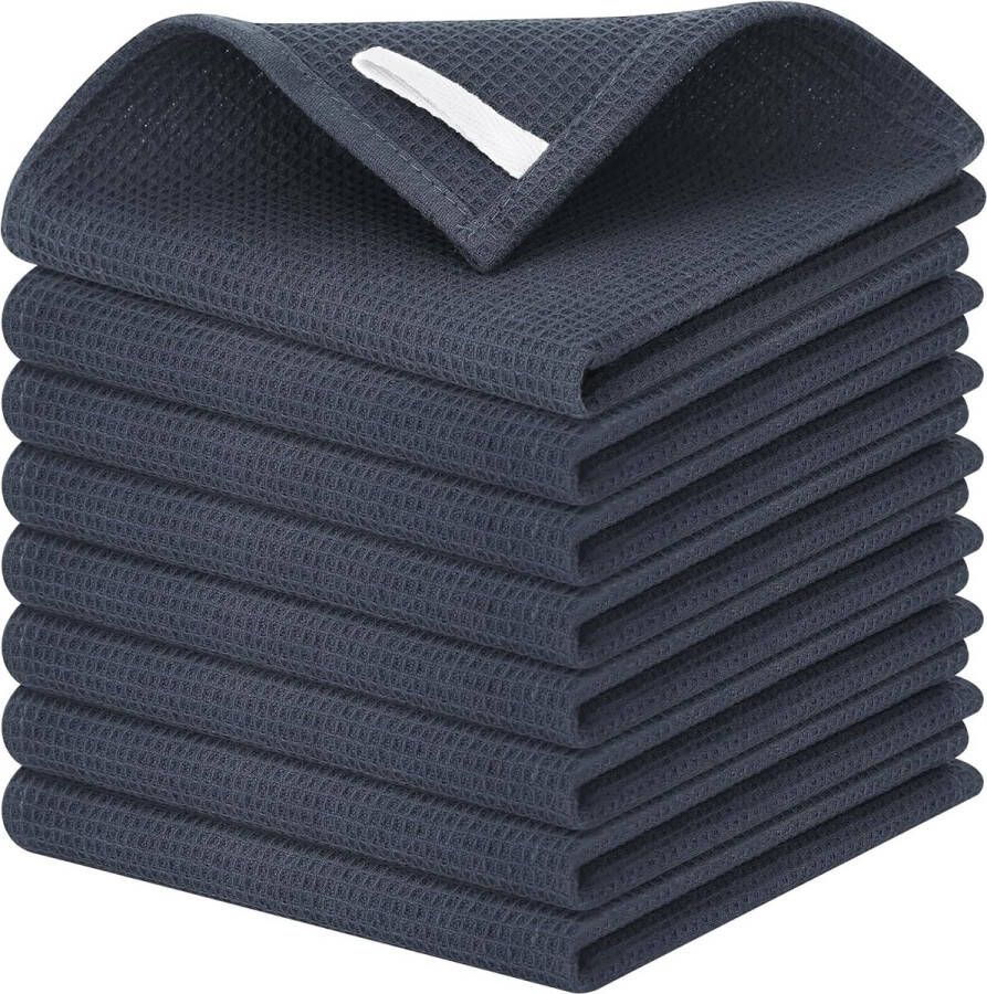 Set van 8 theedoeken van katoen super absorberend wafelpatroon vaatdoeken sneldrogend premium keukendoeken met ophanghaak 30 x 30 cm donkergrijs