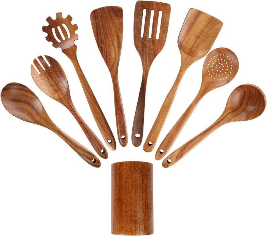 Set van 9 acaciahout kookbestek platte braadspatel wokwender spatel spaghetti tang opscheplepel roerlepel schuimlepel specerijen olielepel saladevork gebruiksvoorwerpen