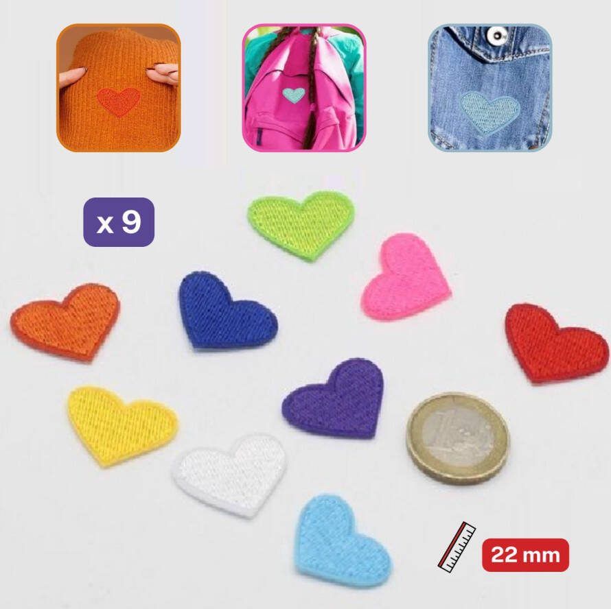 ACCESSOIRES LEDUC Set van 9 HARTJES PATCHES ETIKETTEN om op te STRIJKEN 22MM HOTFIX