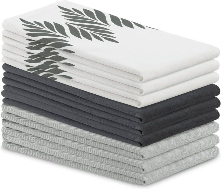 Set van 9 katoenen keukendoeken 50x70 cm bladerenpatroon Letty antraciet grijs
