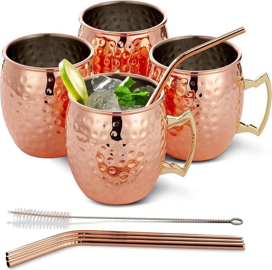 Set van 9 premium Moscow Mule bekers cadeauset 4 koperen bekers (550ml) 4 metalen rietjes & 1 reinigingsborstel cocktail & koude dranken onbreekbaar