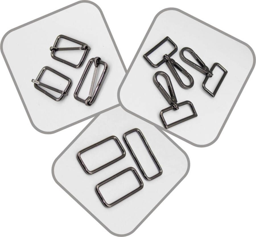 Set van 9 TASGESPEN GESPEN VOOR RUGZAKKEN 3 Schuifgespen 3 Passantgespen 3 Musketonhaken Lobstergespen Kleur GUN METAL Binnenmaat 50MM