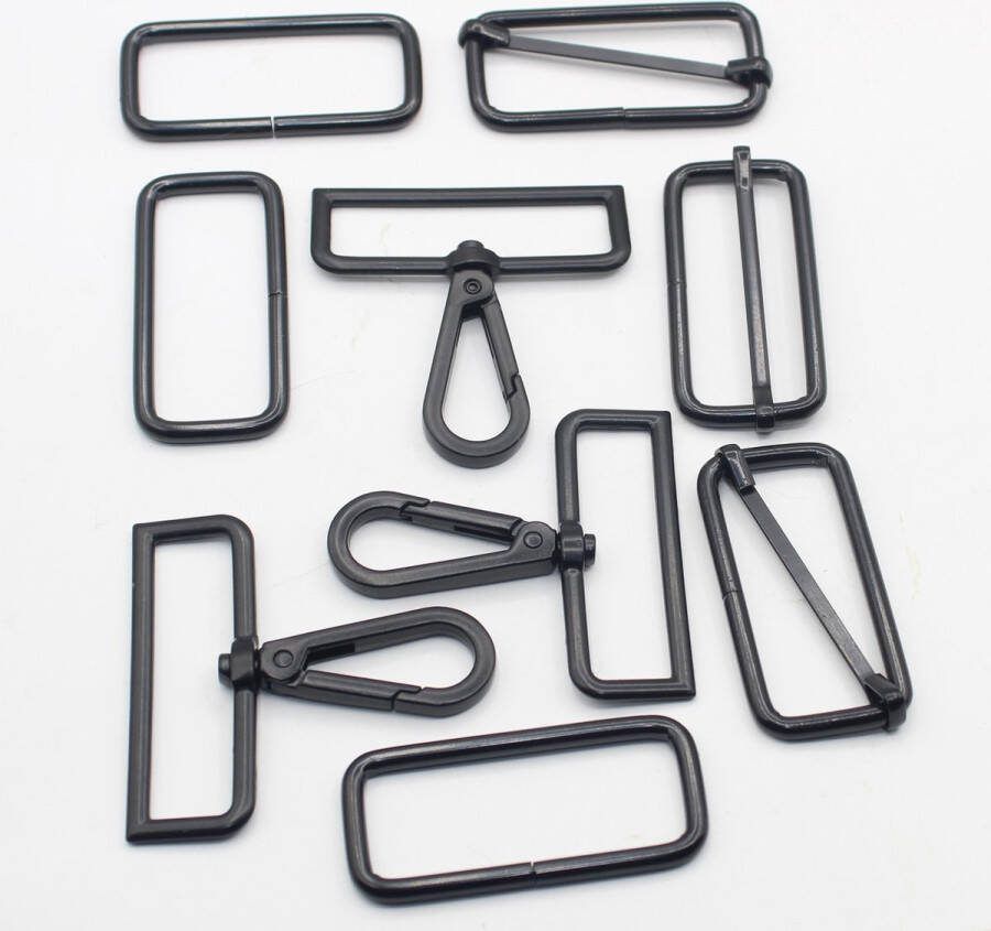 Set van 9 TASGESPEN GESPEN VOOR RUGZAKKEN 3 Schuifgespen 3 Passantgespen 3 Musketonhaken Lobstergespen Kleur ZWART MAT Binnenmaat 50MM
