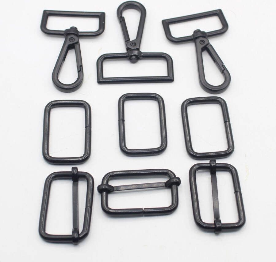 Set van 9 TASGESPEN GESPEN VOOR RUGZAKKEN 3 Schuifgespen 3 Passantgespen 3 Musketonhaken Lobsterhaken Kleur ZWART MAT Binnenmaat 30MM