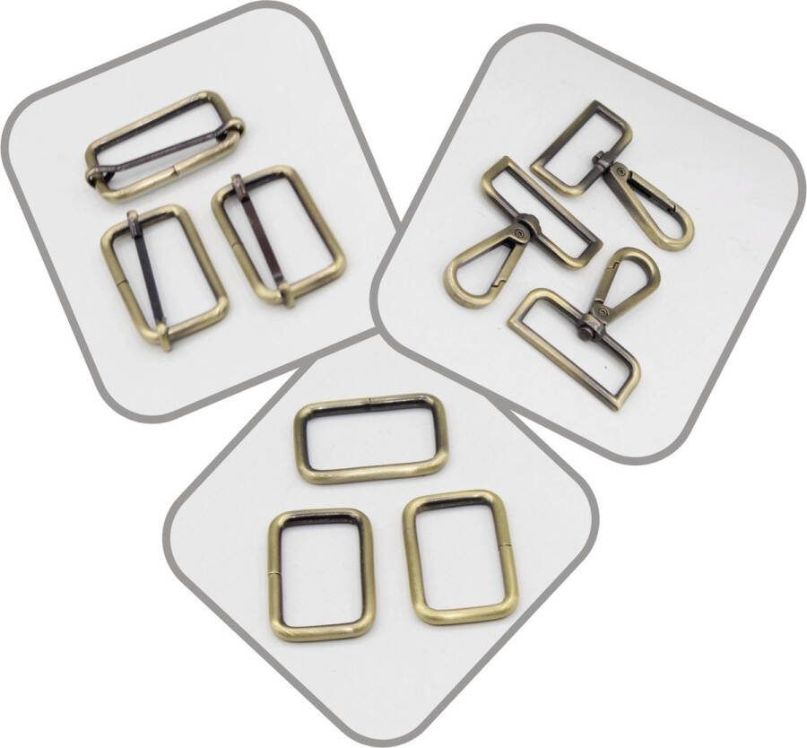 Set van 9 TASGESPEN GESPEN VOOR RUGZAKKEN 3 Schuifgespen 3 Passantgespen 3 Musketonhaken Lobsterhaken Kleur BRONS Binnenmaat 30MM