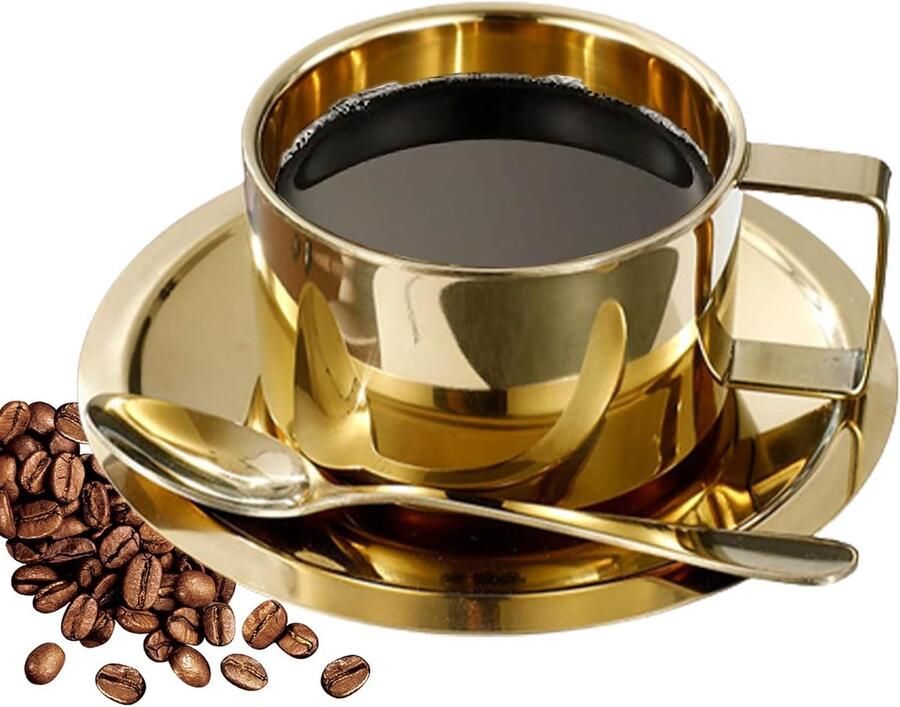 Set van Dubbelwandige RVS Koffiekopjes met Lepel en Schotel – 200ml Goud