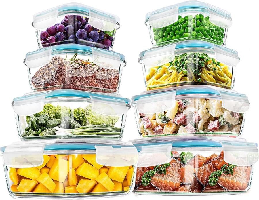 Set van glazen voedselopslagcontainers 8 containers met sluitdeksels lekvrij BPA-vrij