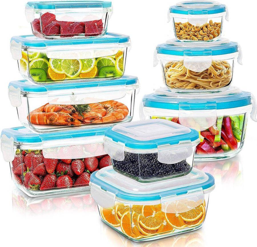 Set van glazen voedselopslagcontainers 9 containers met sluitdeksels lekvrij BPA-vrij