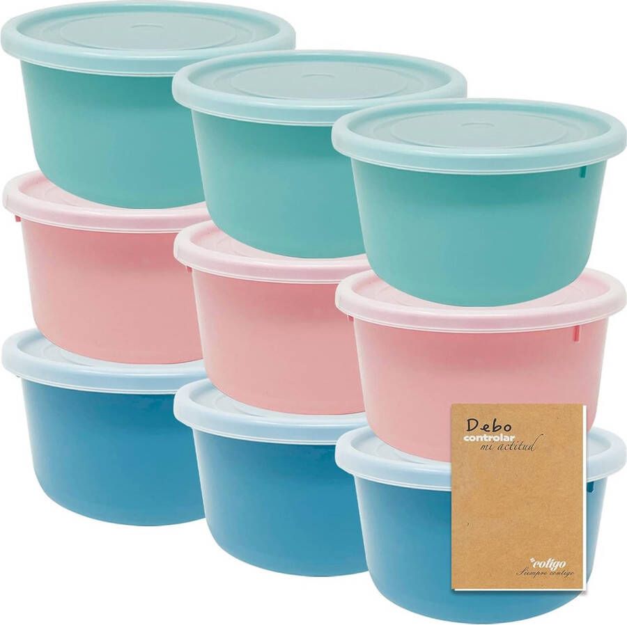 Set van kunststof voor levensmiddelen rond herbruikbaar voor levensmiddelen BPA-vrij container met deksel geschikt voor magnetron en vriezer (roze groen blauw 9 x 0 6 l)