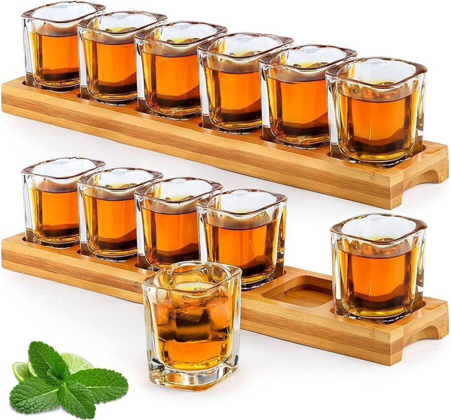 Set van shotglazen 60 ml Cocktailhouder 2 pakken en 12 shotglazen Drankserveerplank Organisator en helder kristallen glas voor het schieten van sterke drank zoals whisky brandewijn wodka rum