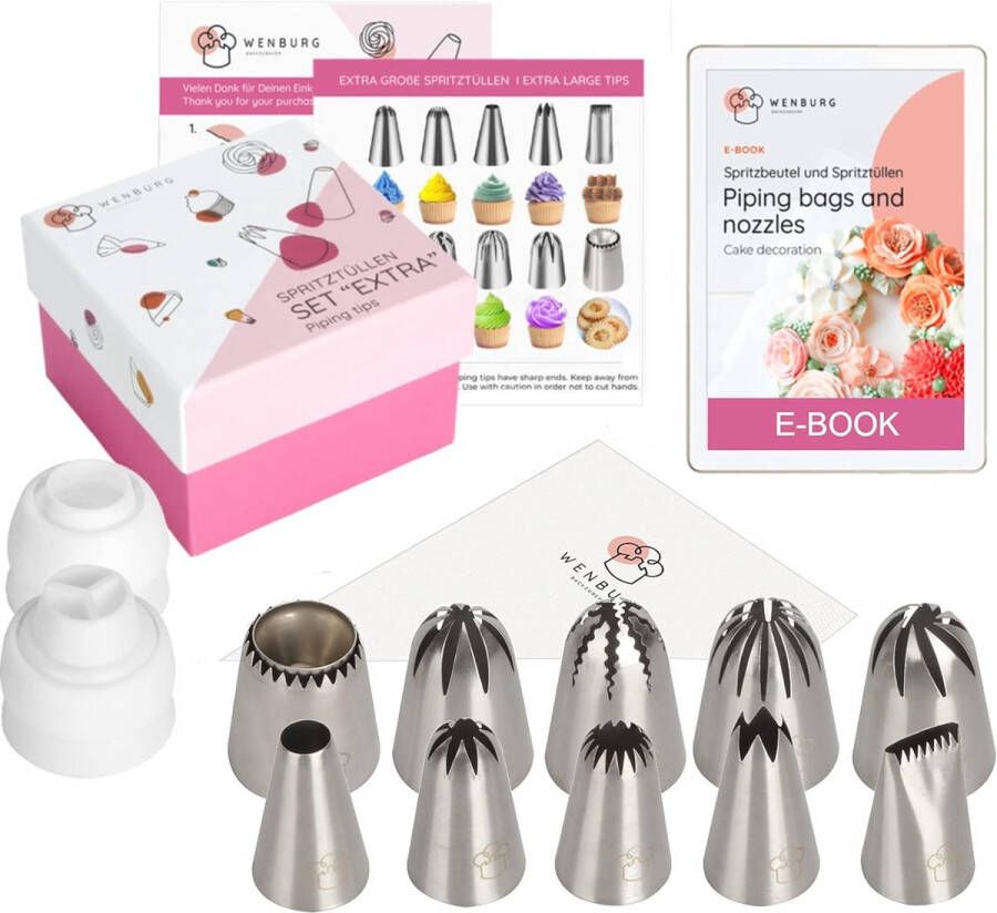 Set van spuitmonden van met 10 grote garneerspuitmonden (inclusief 1 Baiser-spuitmond). Voor taartdecoratie (extra set)