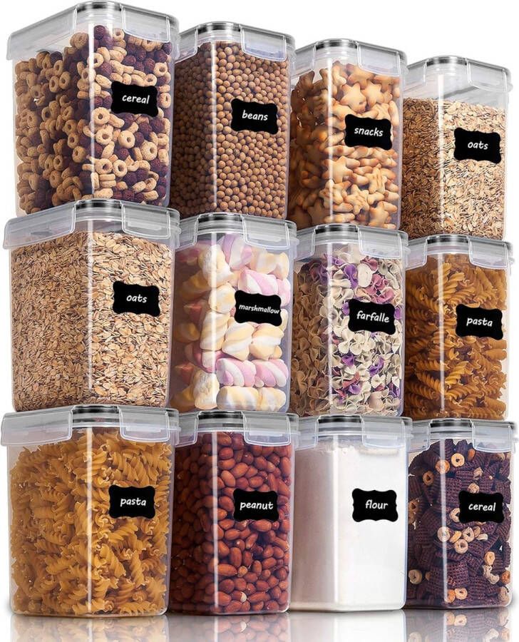 Set voor voedselcontainers 1 6 liter voor muesli bulkvoedselcontainers en gemengde voedselcontainers BPA-vrij kunststof luchtdicht set van 12 24 etiketten voor granen meel enz. (hoewel)