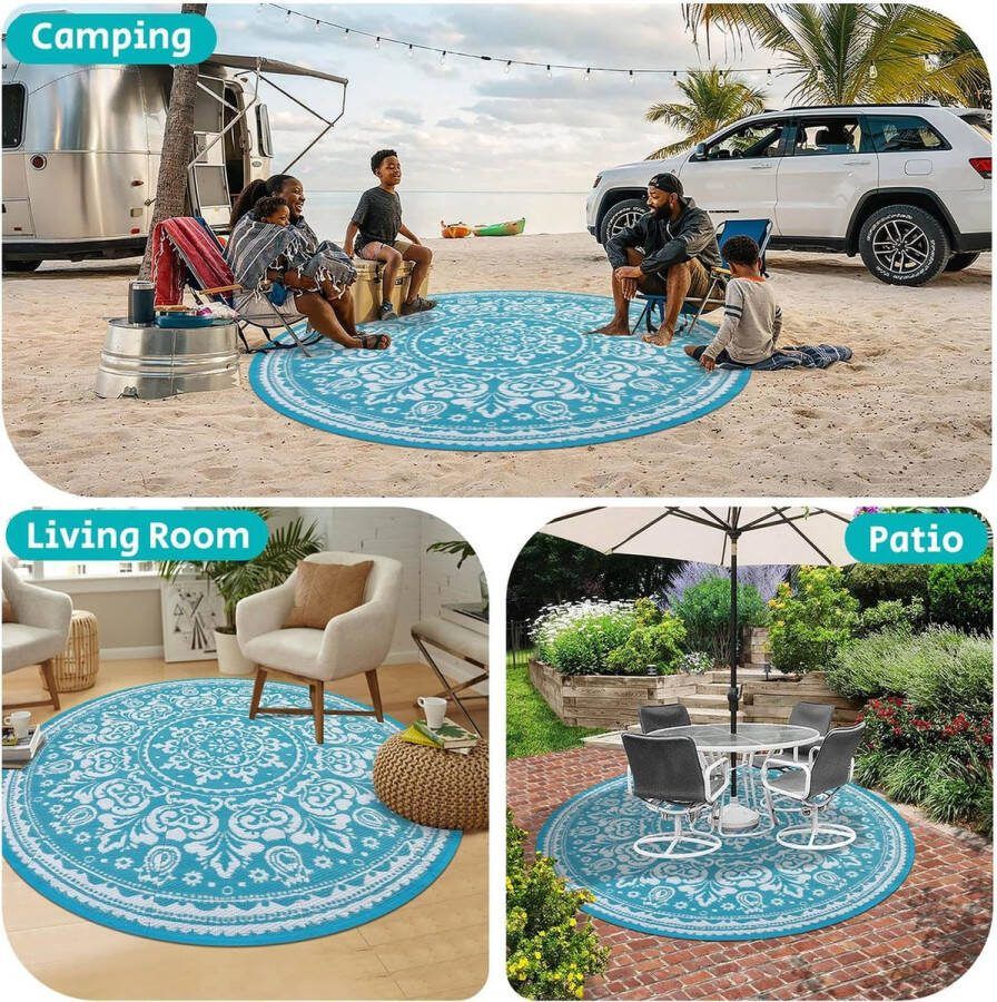 SHACOS Rond buitentapijt 180 cm omkeerbaar tuintapijt geometrische terrastapijten lichtgewicht plastic stro tapijt draagbare picknickmat grote buitentapijten voor patio tuin picknick strand RV trailer