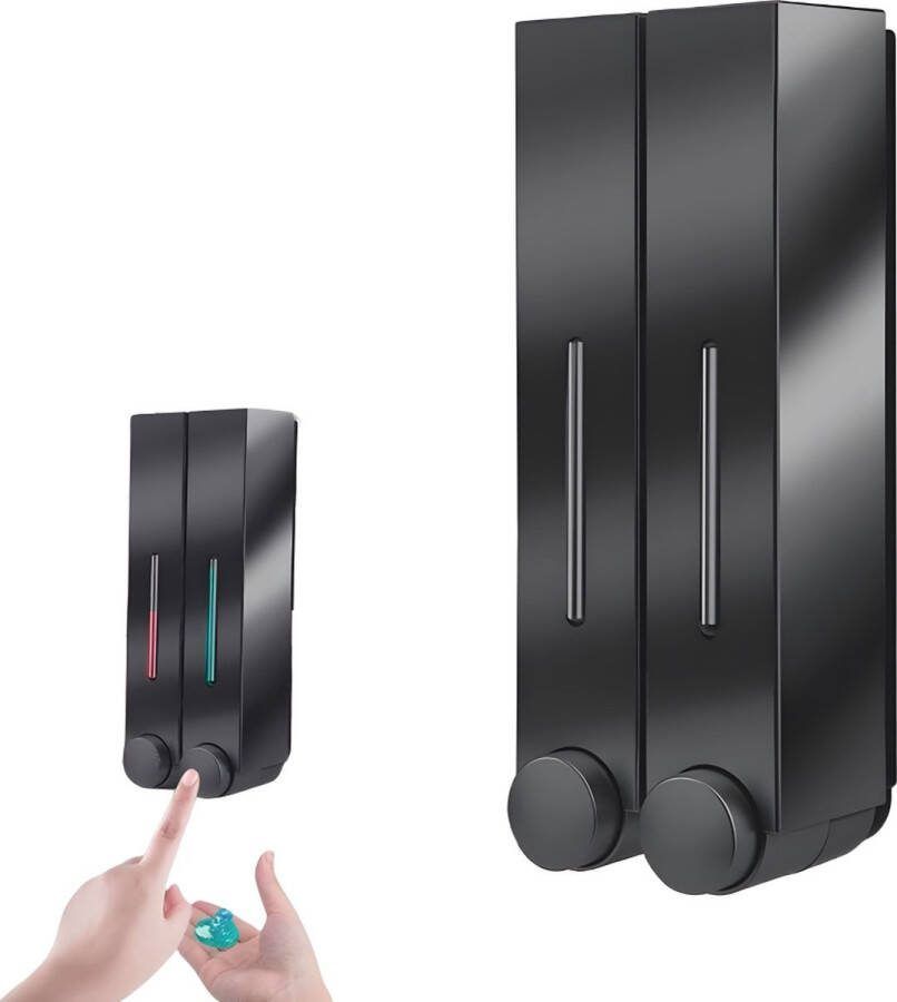 Shampoo Dispenser Zeepdispenser Soap Dispenser ABS Vloeistofniveau-Indicator 2 Lekvrije Reservoirs 2x420ml Push-type Zonder Boren Zeeppompje Zeeppomp Hangend Wandmontage Douche Keuken Badkameraccessoire Zwart Duurzaam