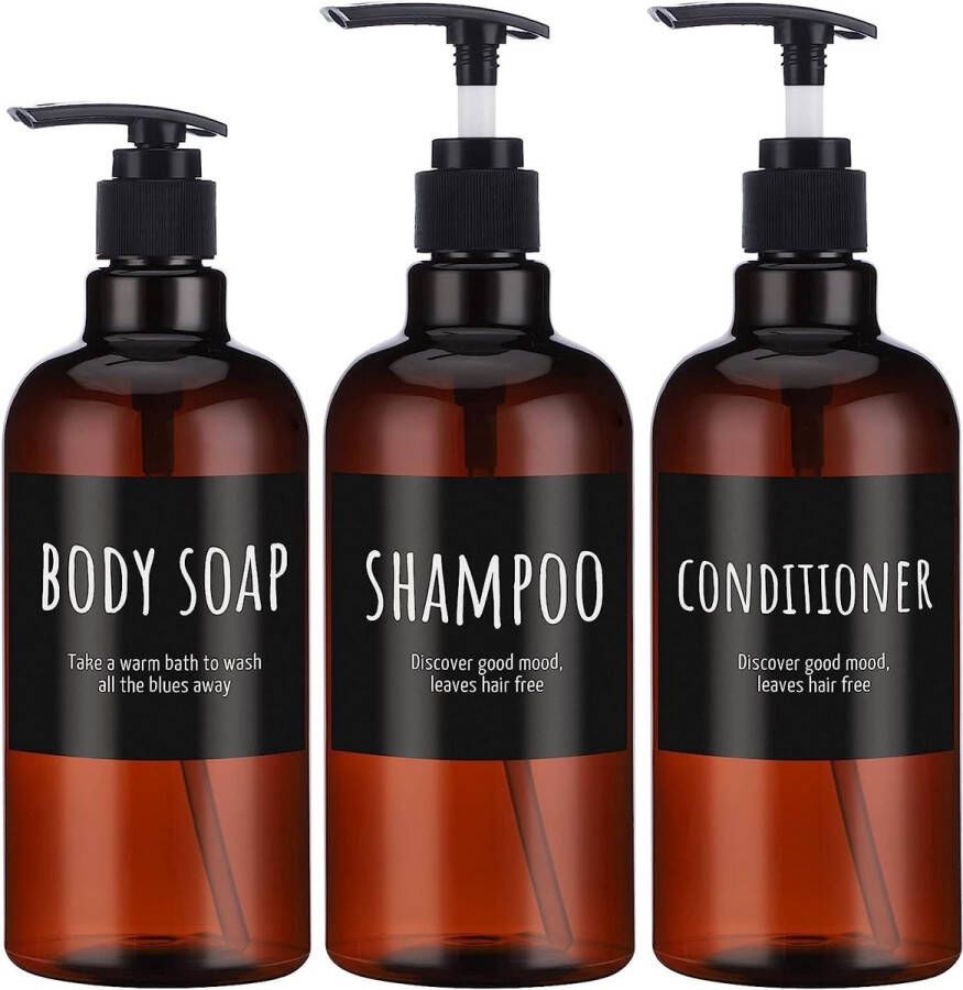 Shampoofles navulbaar 3 stuks 3 stuks shampoodispenser met etiket lege pompflessen voor lichaamszeep shampoo conditioner douche bruine plastic persdispenser